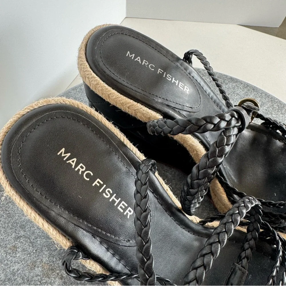 Marc Fisher Black Tan Hayla Wedge Heels Sandals 8 Leather
